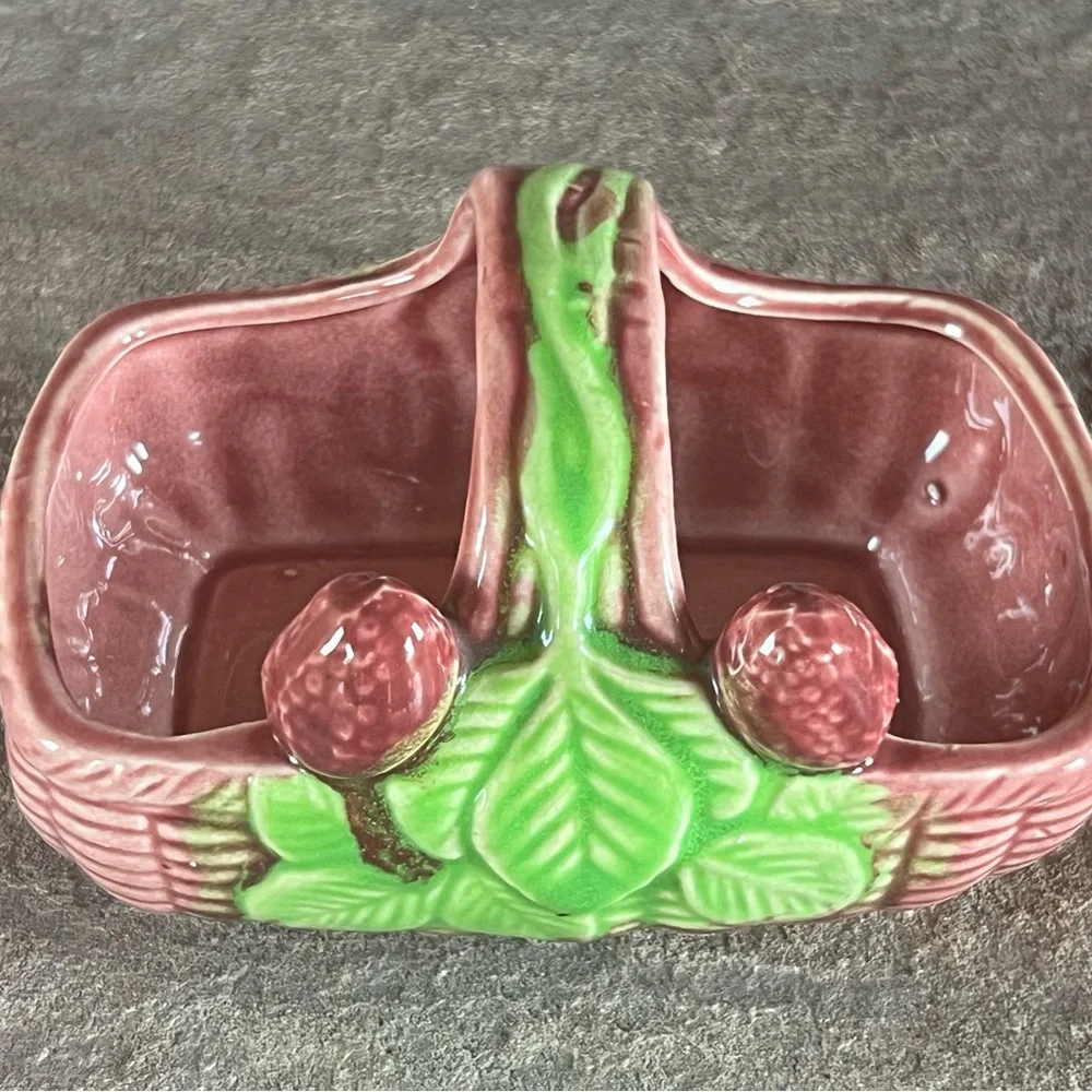 Unique Majolica Pink pottery woven basket w Strawberries